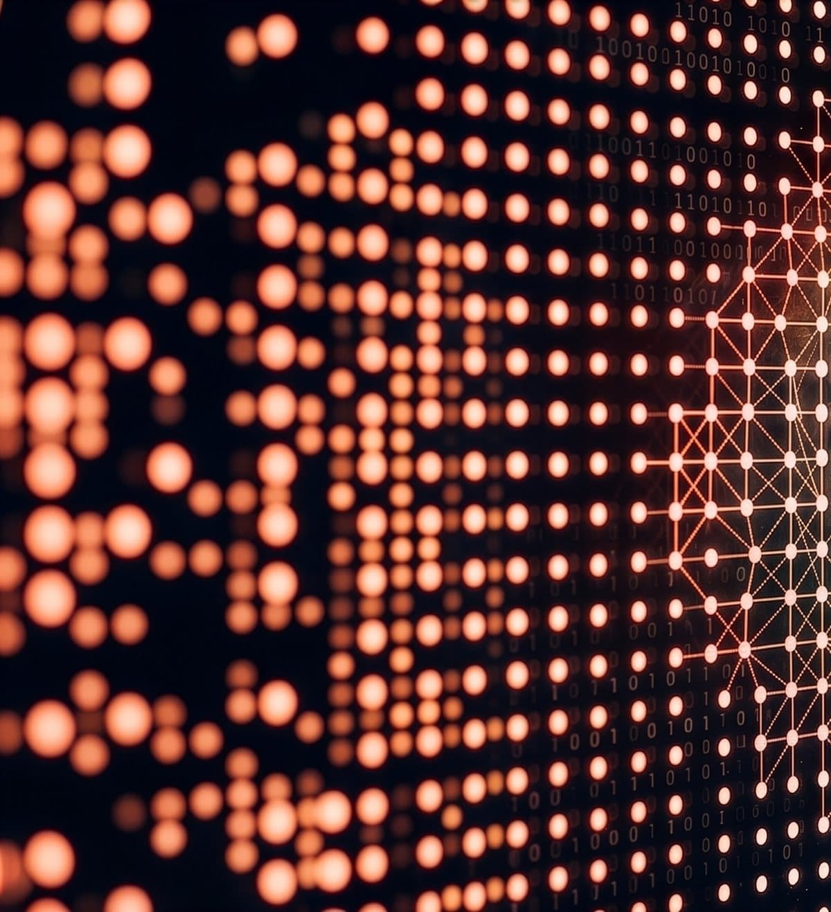 An abstract data visualisation of glowing orange data points, binary digits and a connected network graph