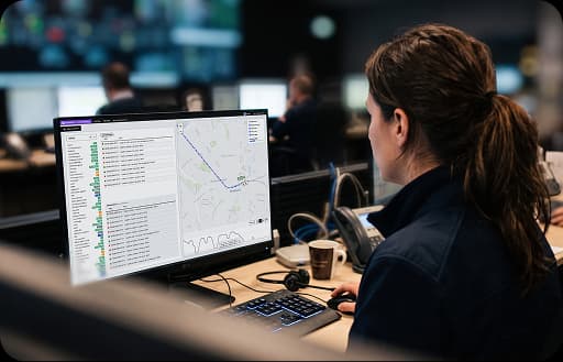 Live Monitoring dashboard showing fleet status on a map alongside an alert list