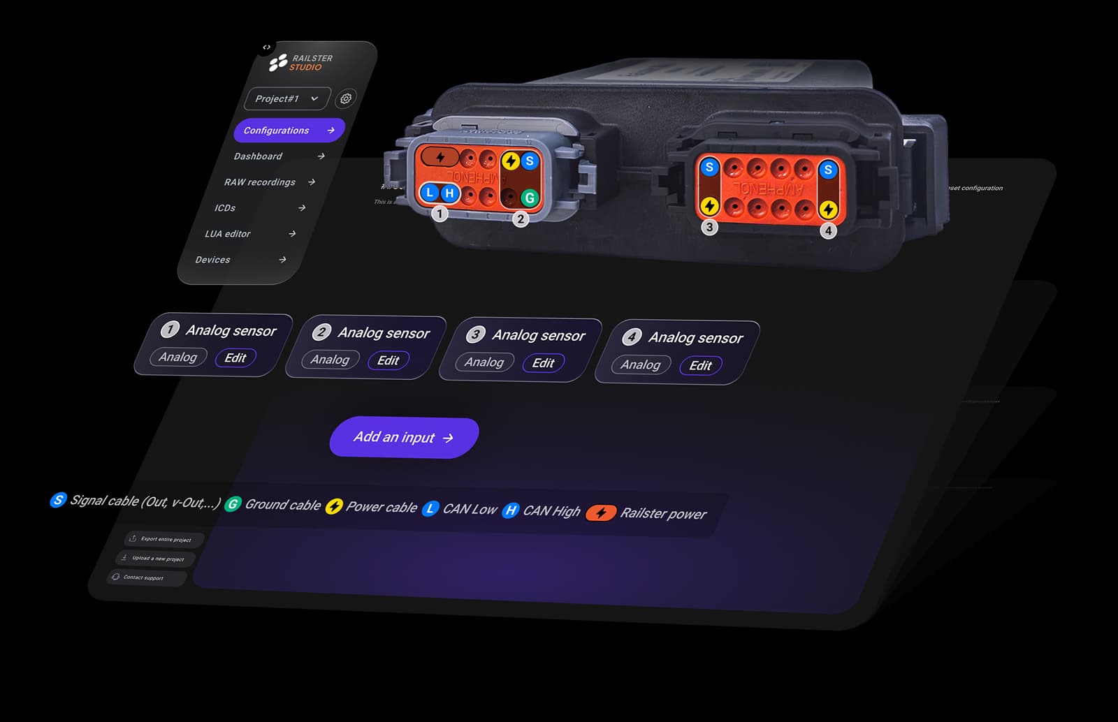 Die Konfigurationsansicht von Railster Studio mit Analogsensor-Eingängen für ein Railster Gateway