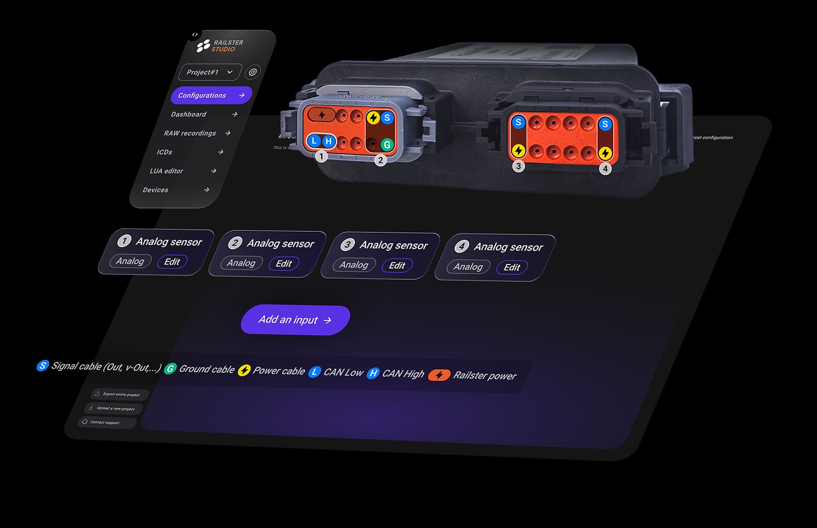 Die Konfigurationsansicht von Railster Studio mit Analogsensor-Eingängen für ein Railster Gateway